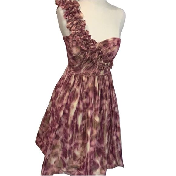 Maggy London One shoulder Ruffle  full pink print dress 2 - Picture 5 of 10